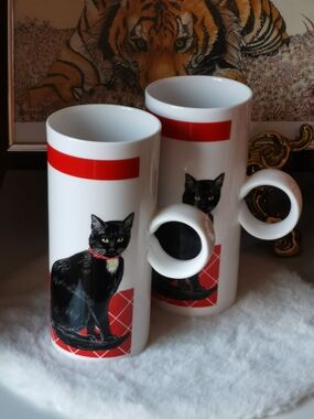 Pair Of White Ceramic Tuxeto Cat Mugs with Red Accents